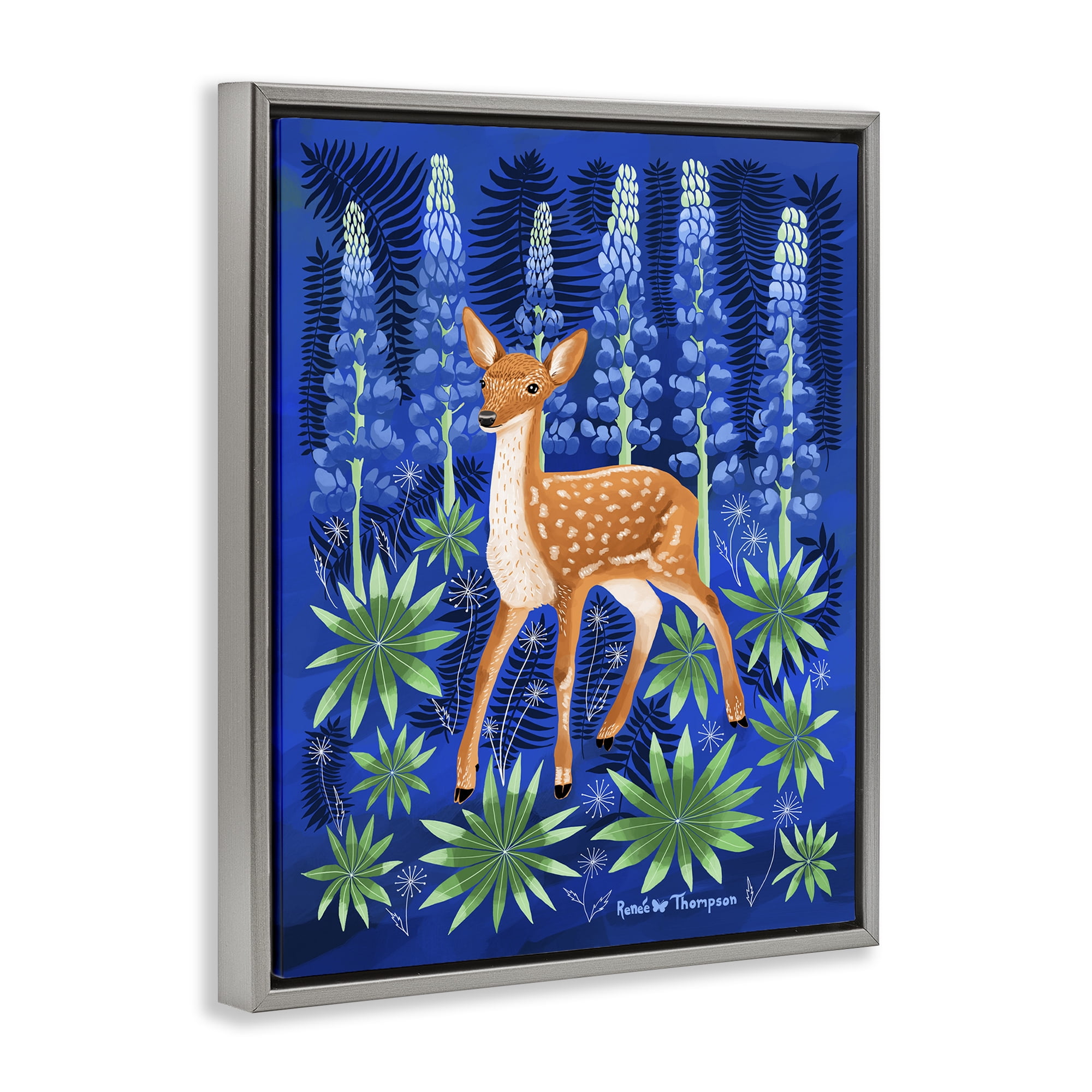 Stupell Industries Fawn & Lupine Flowers Animals Painting Gray Floater Framed Canvas Art Print Wall Art, 17 x 21
