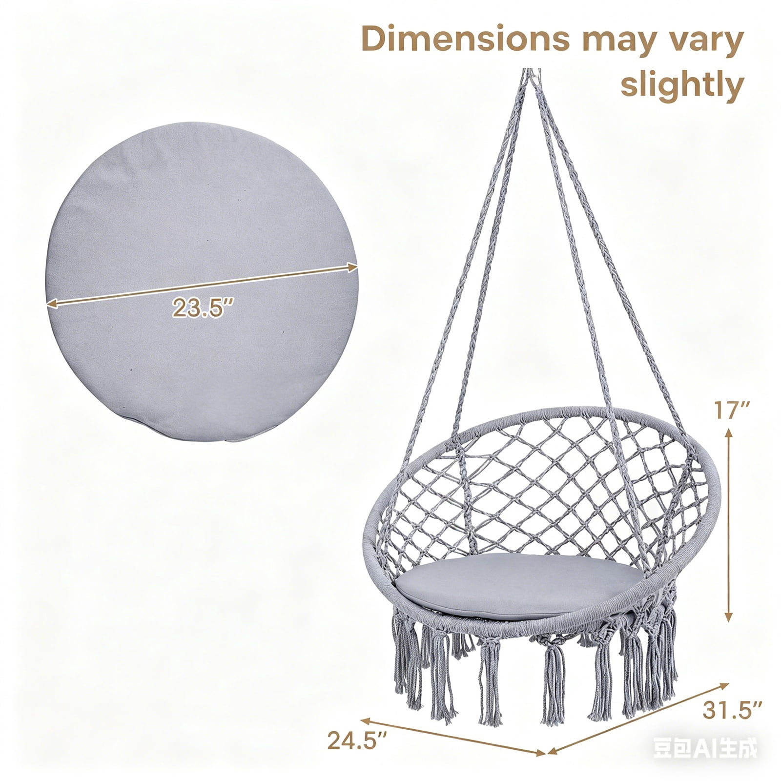 Hommoo Macrame Swing Chair Hammock Chair with Round Cushion Seat, Handmade Knitted Relax Hanging Cotton Rope Chair for Home, Gray