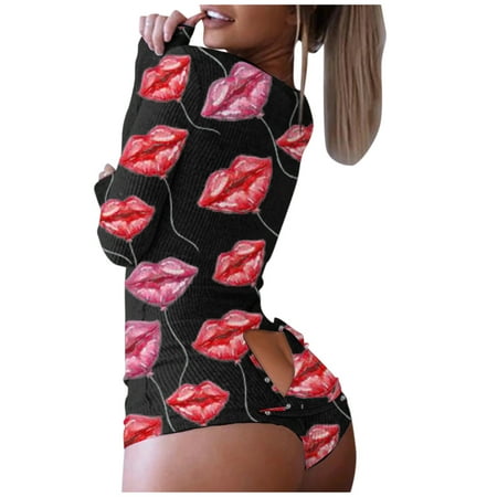 

Dtydtpe jumpsuits for women Women Print Long Sleeve Nightwear Jumpsuit Bodysuit Playsuit Romper Black