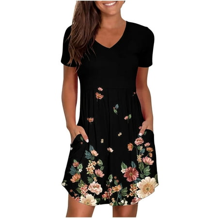 

Juebong Women s Casual Plain Loose V Neck Short Sleeve Loose Dress Floral Print Dress With Pockets