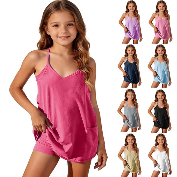 Miluxas Athletic Dress for Girl Casual Sleeveless Spaghetti Strap Sundress Workout Short Tennis Dress with Pockets
