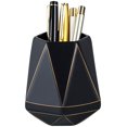 thumbnail image 1 of Titular de bolígrafo de cerámica con línea de oro, forma geométrica, tetera, organizador de escritorio, soporte para brochas de maquillaje (negro) Feliz Sencillez, 1 of 4