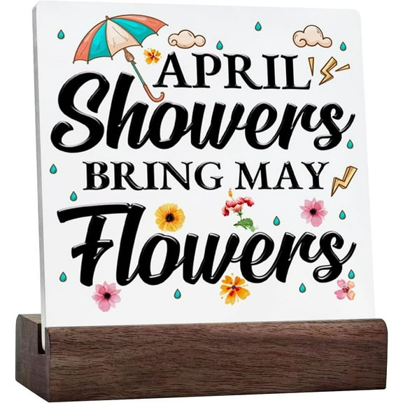 Ceramic Sign 4x4 Inch Spring Decor April Showers Bring May Flowers Wooden Sign Farmhouse Spring Ceramic Plaque Sign with Wood Stand Desk Decor Rustic Home Decor