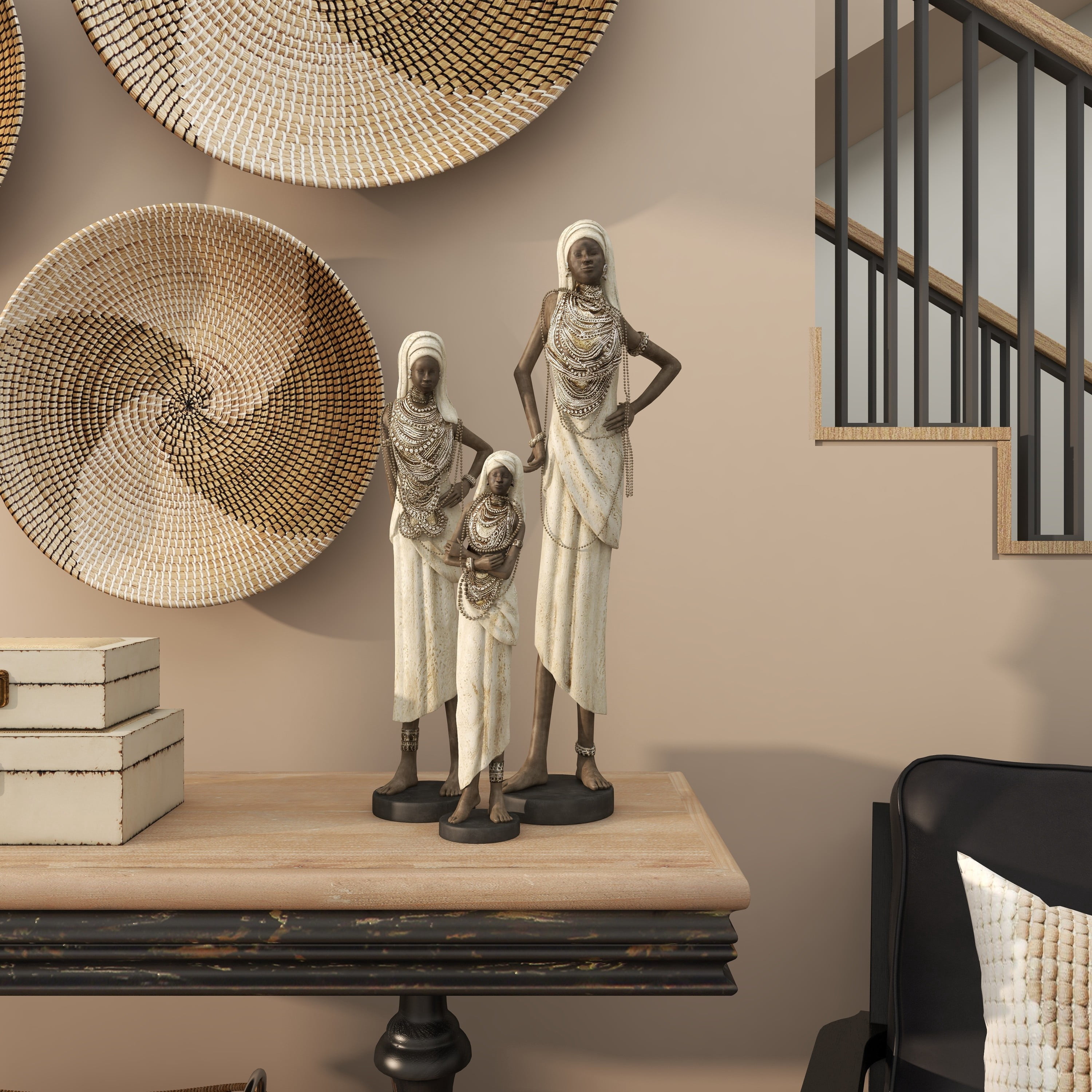 15", 20", 24"H White Polystone Standing African Woman Sculpture with Intricate Jeweled Details, by DecMode (3 Count)