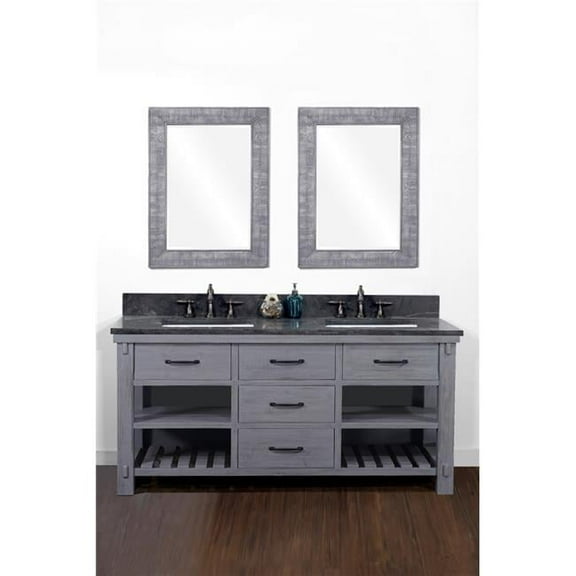 InFurniture WK8260-BG-WK SQ TOP 60 in. Rustic Solid Fir Double Sink Vanity in Blue Grey Driftwood With Rectangular Sink Limestone Top-No Faucet