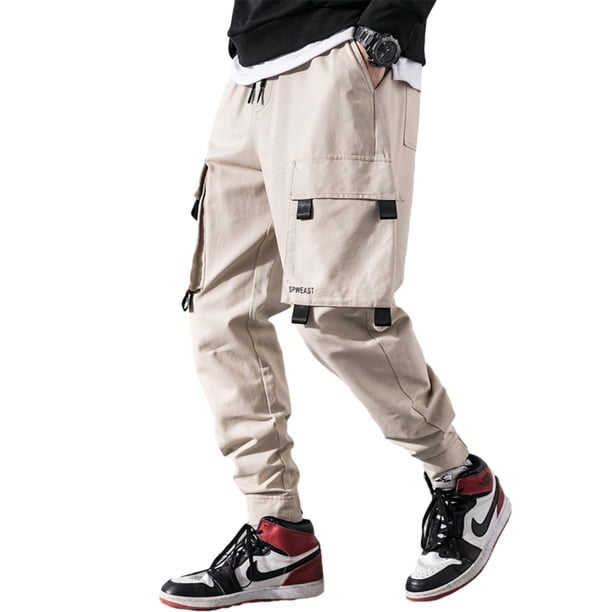 Pantalones cargo casuales para hombre con cintura elástica, cordón ajustable, bolsillo con solapa y letras estampadas