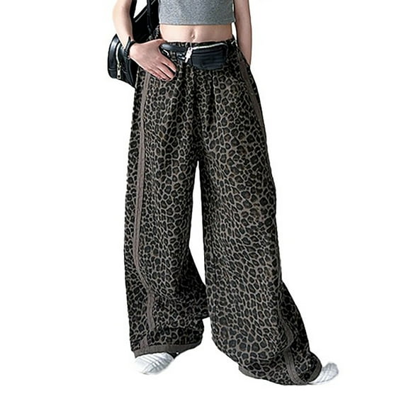 XASZHN Girls Kids Loose Leopard Print Long Pants Soft Elastic Band Pants Pull on Cargo Pants with Pockets Coffee 140