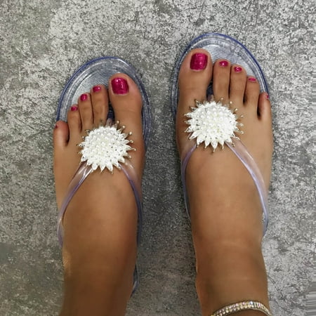 

Dpityserensio Women s Summer Jeweled Rhinestone T-Strap Flat Sandals Beach Flip Flop Shoes Summer Sandals for Women Dressy Clear 6.5(38)