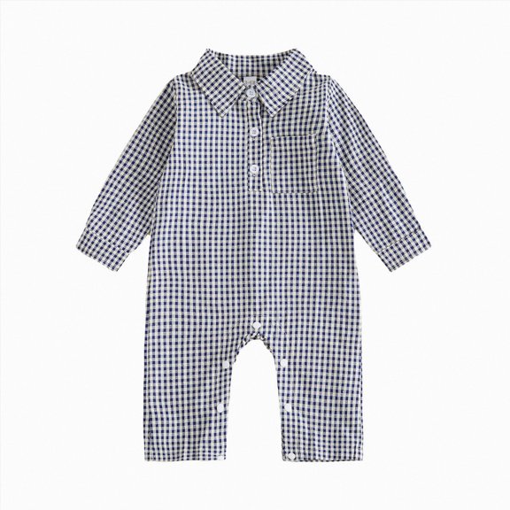 mgoYE Baby Boy Polo Romper Gingham Button Up Long Sleeve Collared Jumpsuit One Piece Fall Outfit