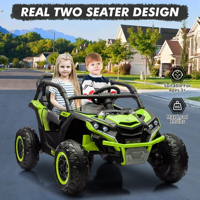 OUYAWEI 2 Seater Ride on Electric Car, 24V Ride on Toys with Remote Control, 4 Wheelers, Bluetooth Music, LED Light, 3 Speeds, Electric Car for Boy Girls 3-8,Green