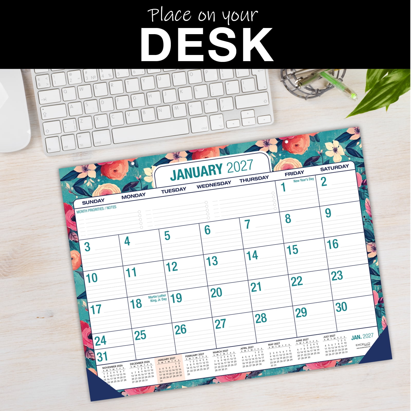 Excello Brands Desk Pad AY 2026-2027 - 22"x17" (Teal Floral)
