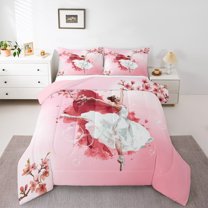 Homewish Kawaii Ballet Princess Bedding Comforter Set, Pink Cherry Blossoms Twin Comforter Sets, Chic Watercolor Artwork Reversible Bedding Set, Ultra Soft Bedroom Decor, 2 Pieces