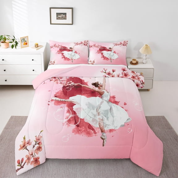 Homewish Kawaii Ballet Princess Bedding Comforter Set, Pink Cherry Blossoms Twin Comforter Sets, Chic Watercolor Artwork Reversible Bedding Set, Ultra Soft Bedroom Decor, 2 Pieces