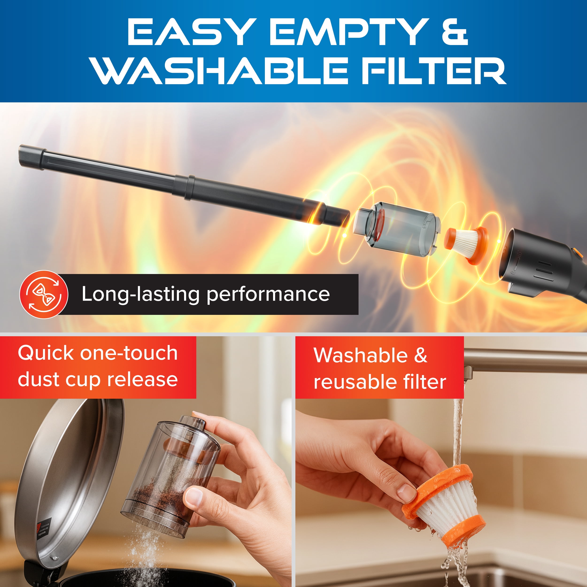 Pocket Vac Reach Cordless Handheld Vacuum & Blower with 3ft Telescoping Wand, USB Rechargeable, 8