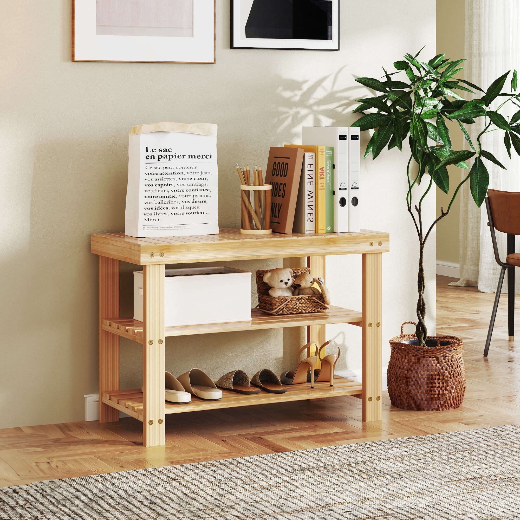 ZUNMOS 3-Tier Bamboo Shoe Rack Bench, 11.3 x 27.6 x 17.8 Inches Compact Storage Organizer with 286lb Capacity for Entryway, Bedroom and Living Room, Wood