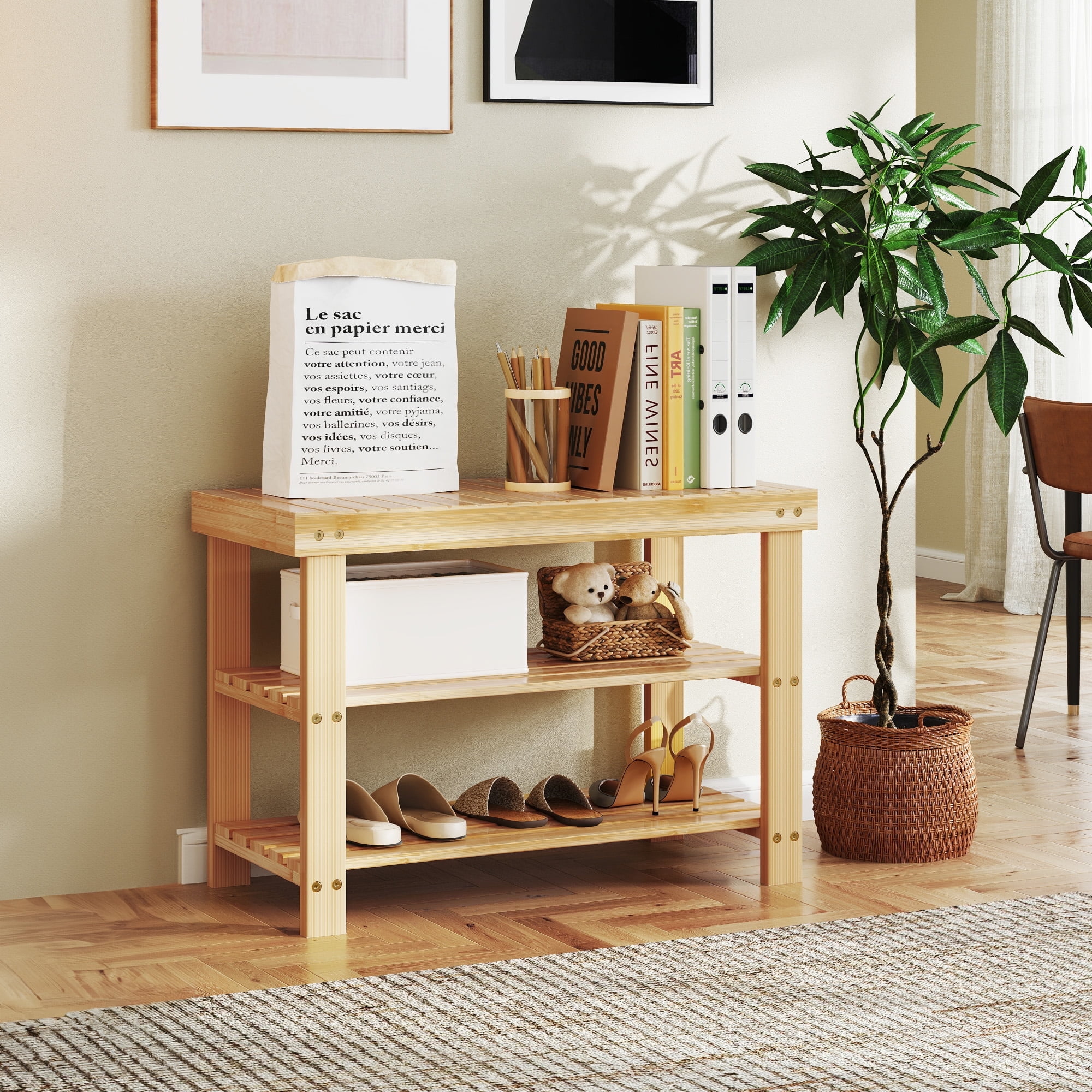 Zunmos 3-Tier Bamboo Shoe Rack Bench, Natural photo 6