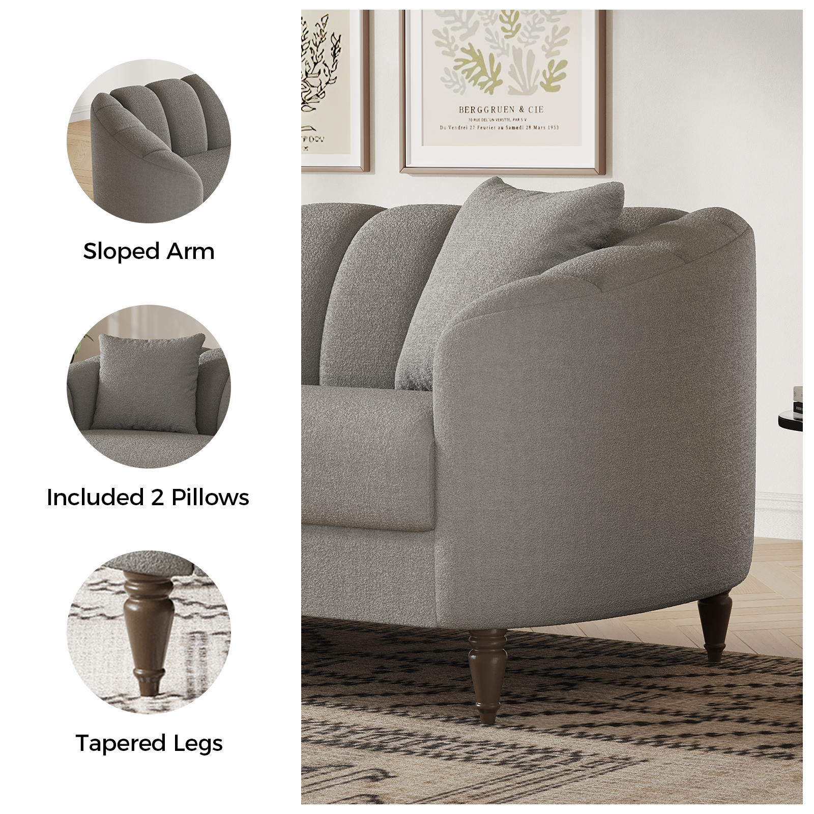 COPIAE 82 Inch Loveseat Sofa,Modern Couch and Sofa,Curved Petal Design Furniture,Sturdy and Easy Installation,Small Sofa for Living Room Bedroom Office and Apartment,Terry Fleece Fabric Gray