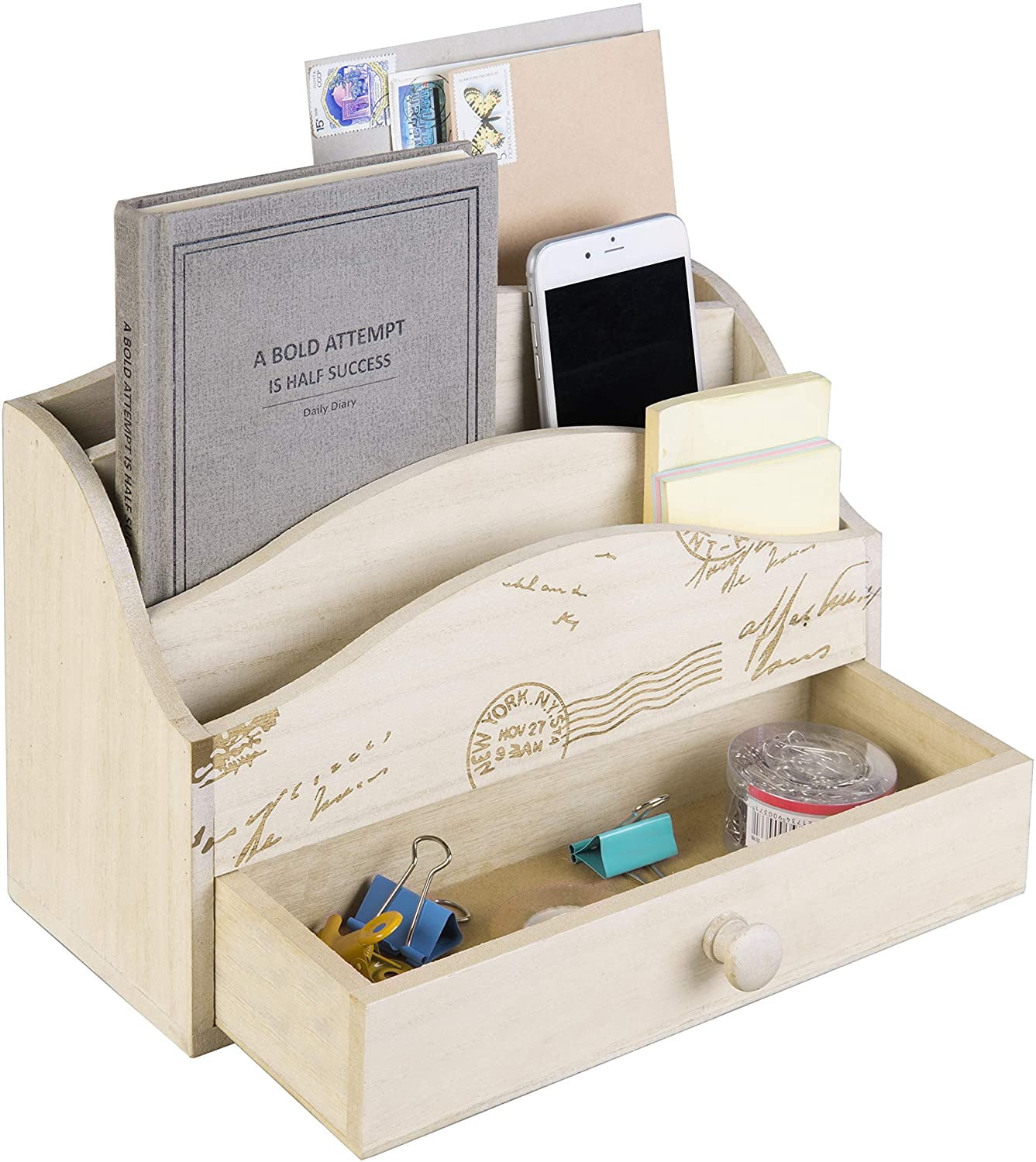 MyGift Vintage Whitewashed Wood Desktop Mail Organizer with Drawer