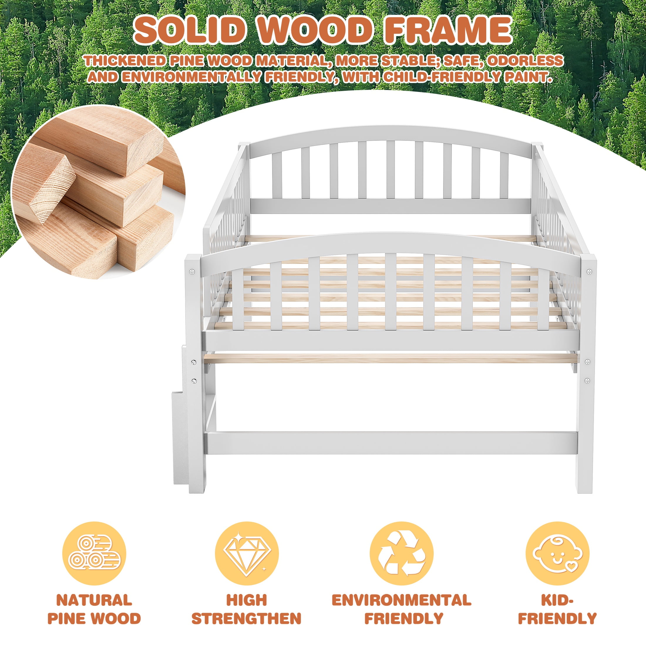 Sesslife Twin Platform Bed Frame, Solid Wood Montessori Bed with Safety Guardrails and Ladder, Twin Low Profile Bed with Slats for Boys Girls, No Box Spring Needed, Holds 400 lbs, Grey