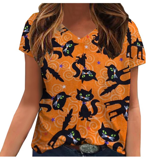 Blusa de camiseta informal con estampado de manga corta y cuello en V de verano para mujer a la moda Fridja zx3724