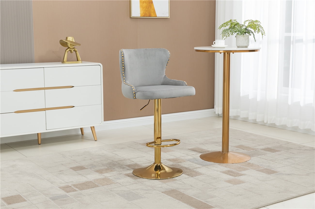 Bar Stools, Modern Velvet Upholstered Adjustable Counter Height Bar Chair with Tufted Curved