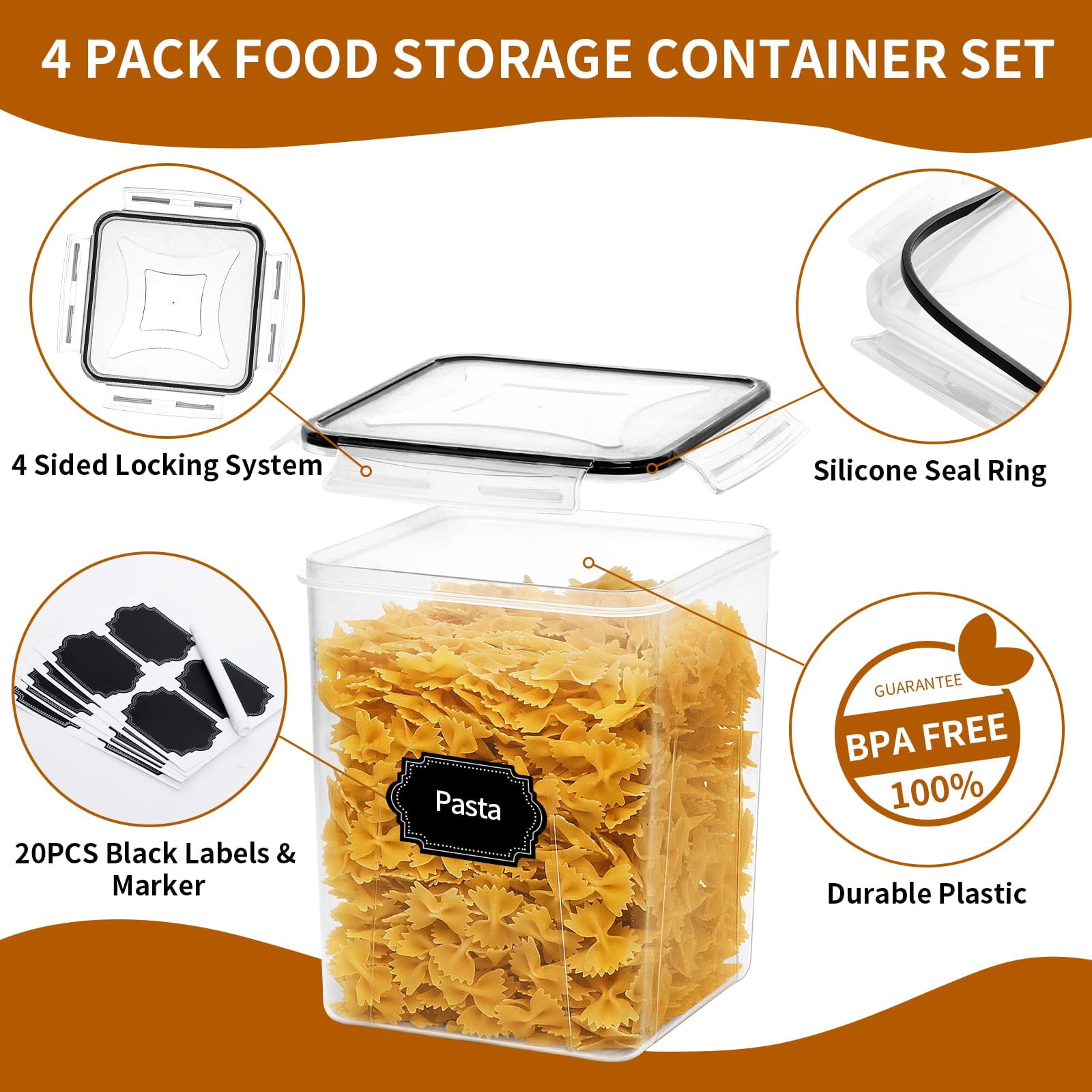 4 Pack 5.2L Airtight Food Storage Containers with Lids for Kitchen Pantry Organization