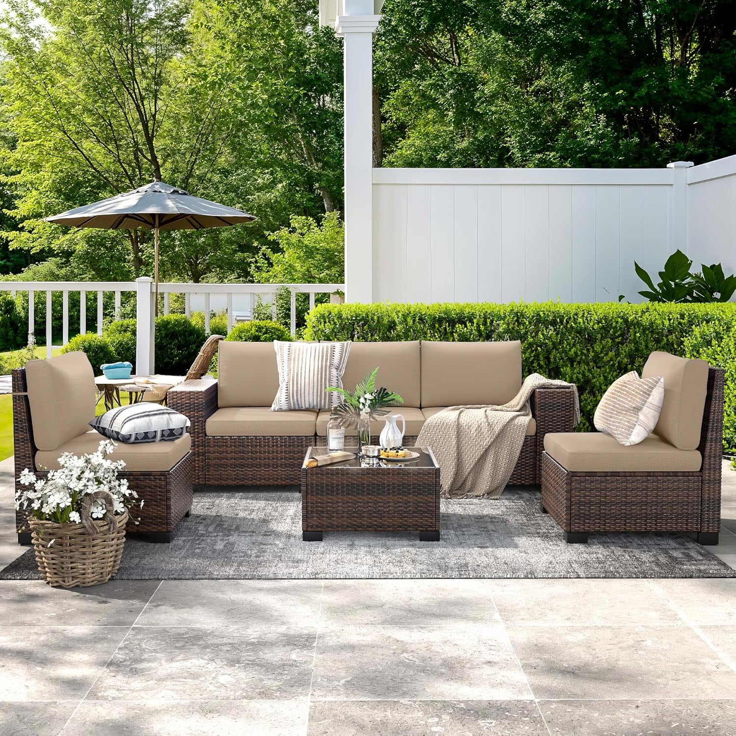 ELPOSUN Outdoor Sectional Furniture Set 6-Piece Brown Rattan Wicker Conversation Sofa Set with Glass Top Table,Beige Cushions