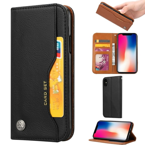 iPhone XS Max 6.5" Case, Allytech Vintage PU Leather Folio Style Kickstand Shock-Absorbing Anti-Scratch Cards & Money Pocket Wallet Cases and Covers for Apple iPhone XS Max 2018 Released, Black