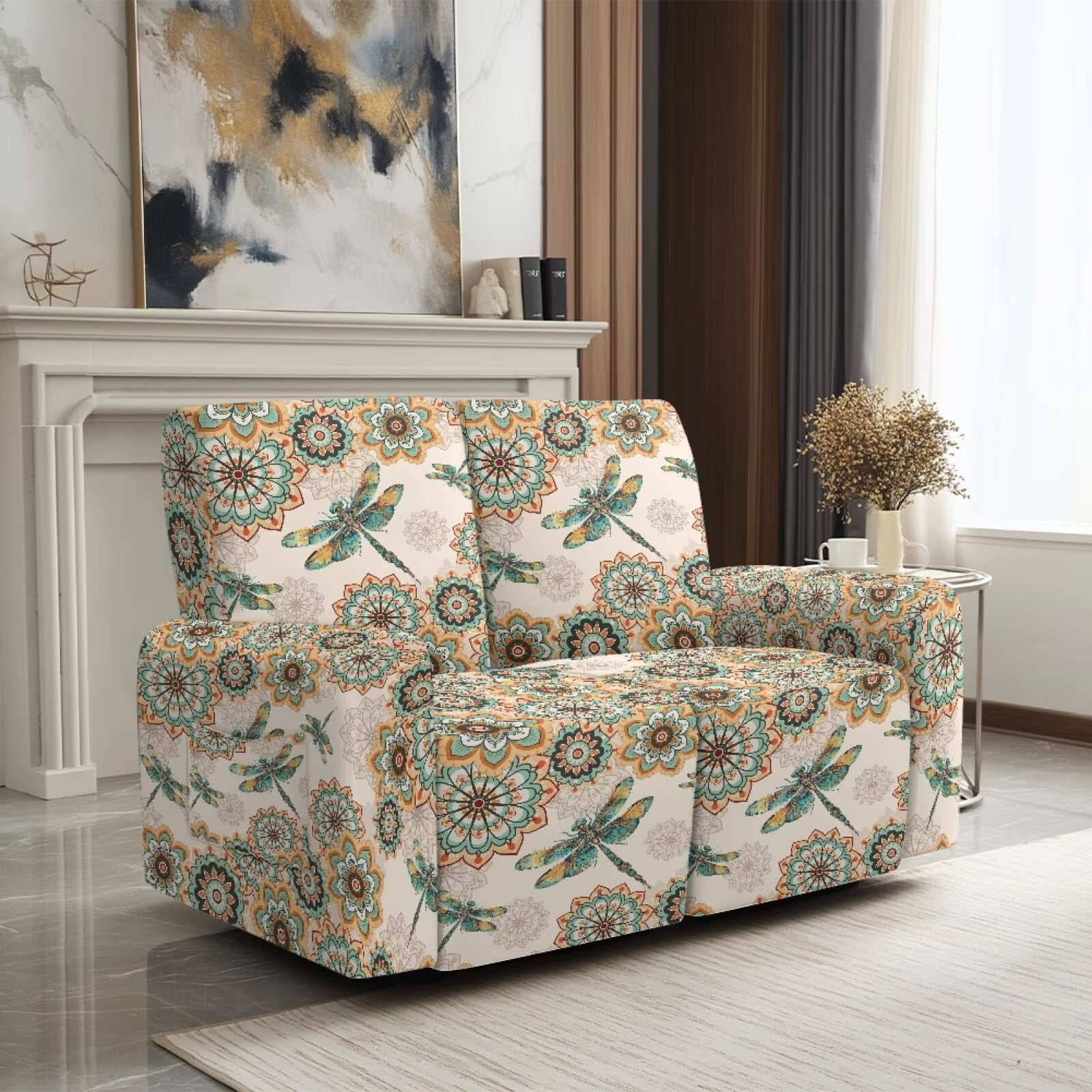 Yuyamidu Boho Mandala Loveseat Recliner Covers 2 Seater Dragonfly Recliner Loveseat Slipcover with Elastic Edge Easy to Install Furniture Protector