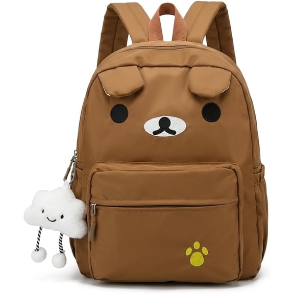 JKCCZLL Cute Bear Backpack for Women Nylon Cartoon Daily Bag Lightweight Travel Daypack with Soft Cloud Pendant ,,Brown