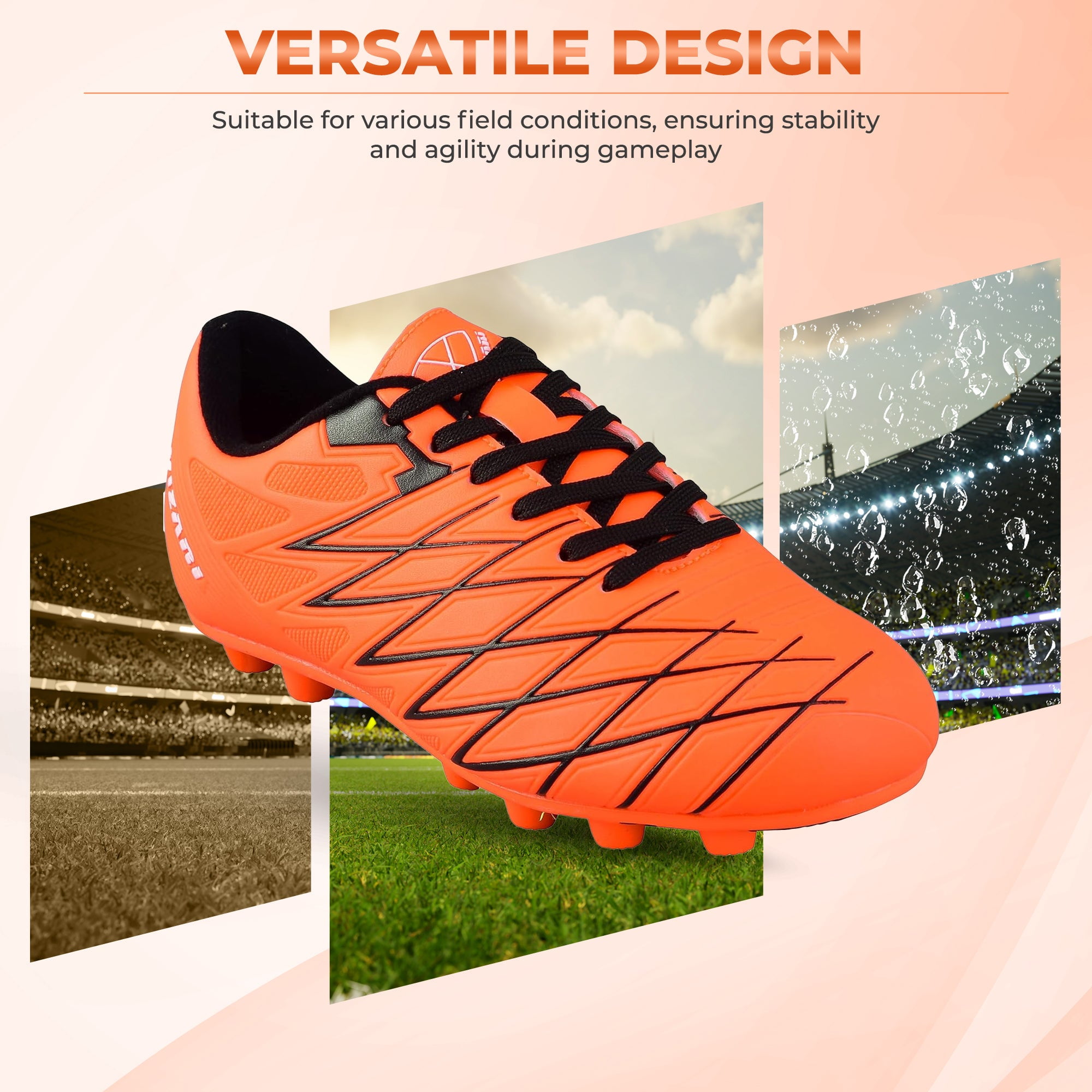 Vizari Boca Firm Ground Soccer Cleats for Kids & Youth – Lightweight, Durable, Comfortable Shoes with Traction & Padded Heel - Orange/Black, 13