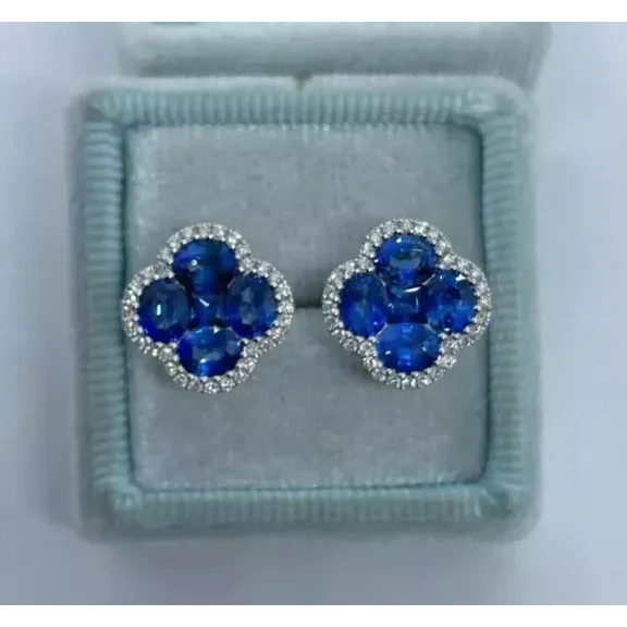 Women's Oval Cut Blue Sapphire Stud Earrings in 14K White Gold Plated