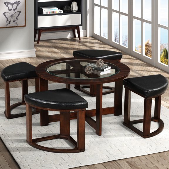 Round Coffee Table With 4 Stools, Solid Wood Glass Top, -colored, Home Decor Top And Stool , Modern Office Living Room Piece