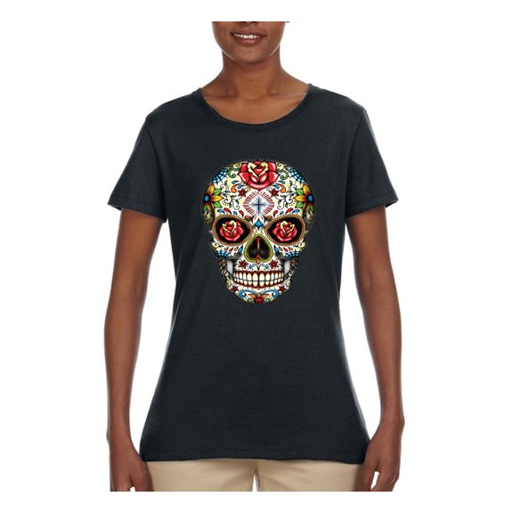 Dia de los Muertos Trippy Psychedelic Drugs Skull Fashion Womens Graphic T-Shirt, Black, Small