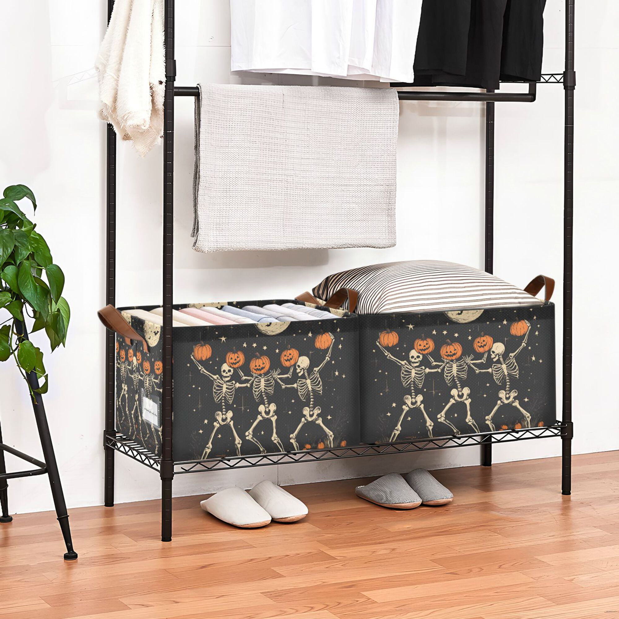 Yayeee Foldable Storage Basket for Shelves with Handles Set of 2 Waterproof Cloth Bins, Black Halloween Dancing Skeleton