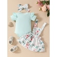 thumbnail image 4 of Bslissey Baby Girls Summer 3Pcs Outfits Frill Trim Short Sleeve Ribbed Romper + Floral Suspender Skirt + Bow Headband 0-18M Infant Toddler Cute Clothes Sets, 4 of 10
