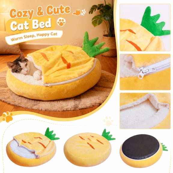Pet Cave Bed, Small Dog Bed, Washable Cat Bed, Semi-Enclosed Pineapple Cat Bed, 20X18X6 in Winter Insulated Cat Sleeping Bag, Fuzzy Soft Pet Bed with Fully Removable and Washable