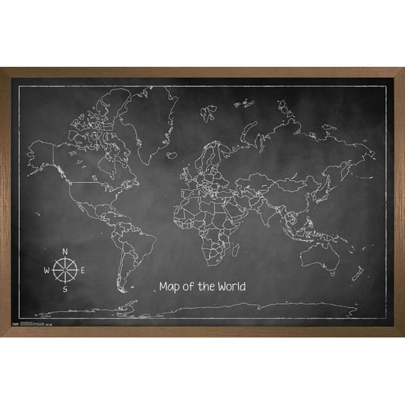 Chalk Map - World Wall Poster, 14.725" x 22.375", Framed