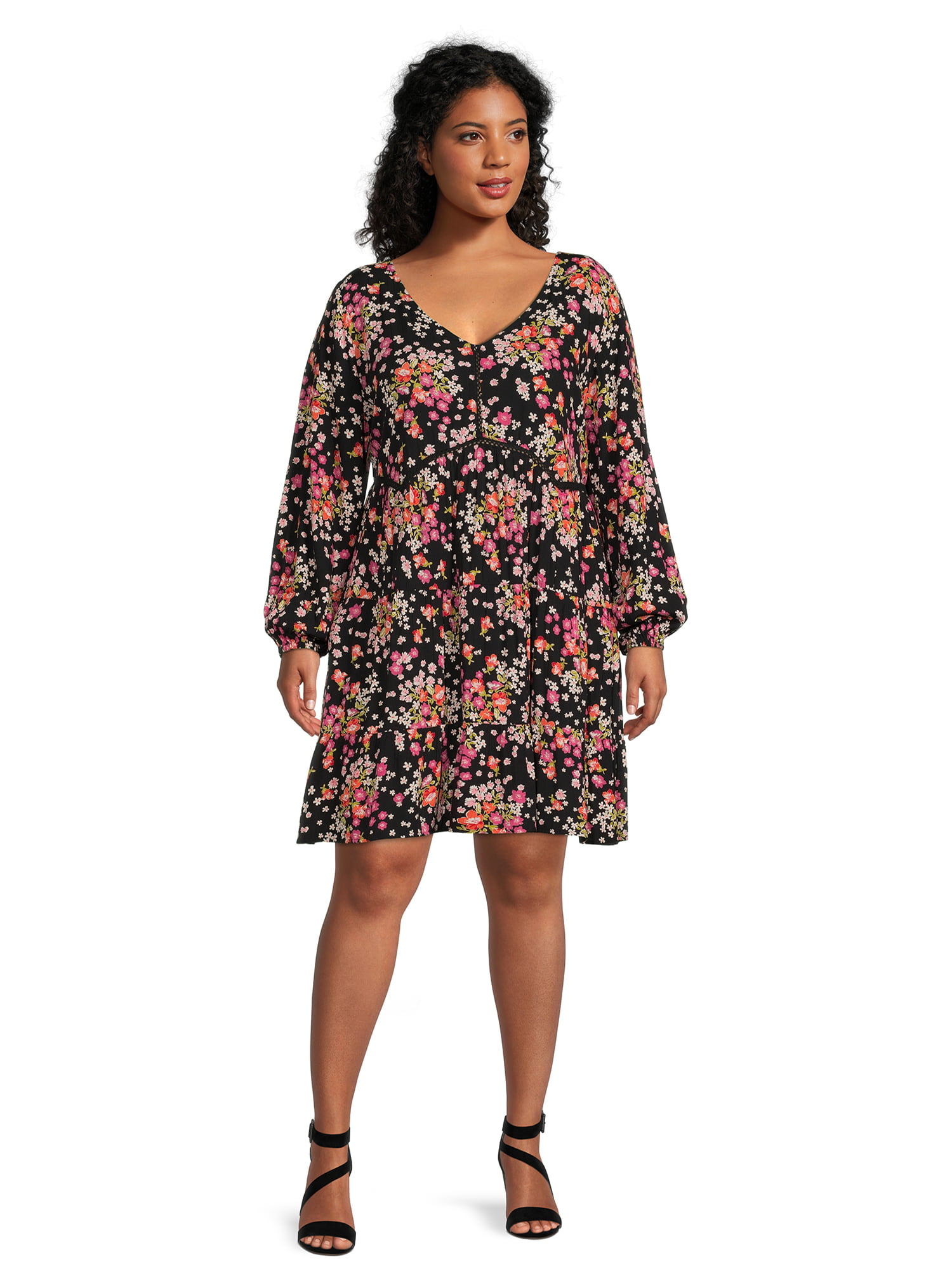 Romantic Gypsy Women's Plus Sleeve V Neck Floral Tiered Dress - Walmart.com