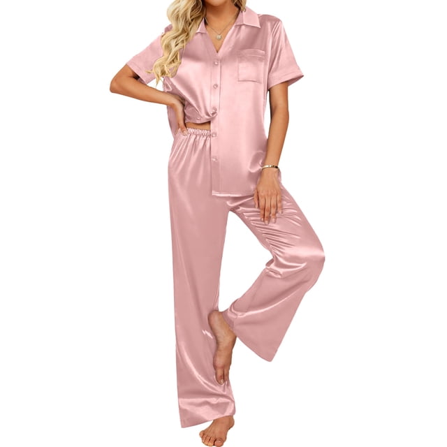 Conjunto de pijamas Ekouaer de satén de seda de 2 piezas para mujer, color rosa