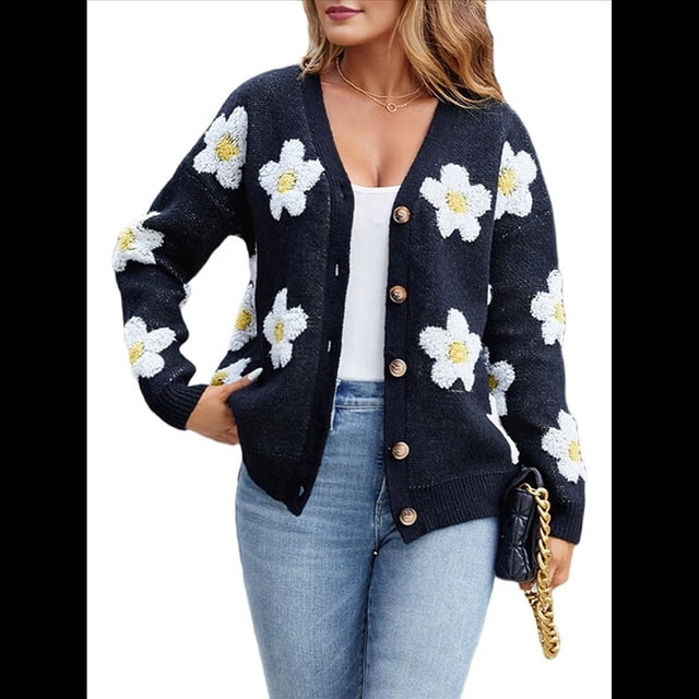 Cárdigan con Estampado Floral para Mujer, Larga, Abertura Frontal, Botones, Cuello en V, Tejido de Punto. Negro S