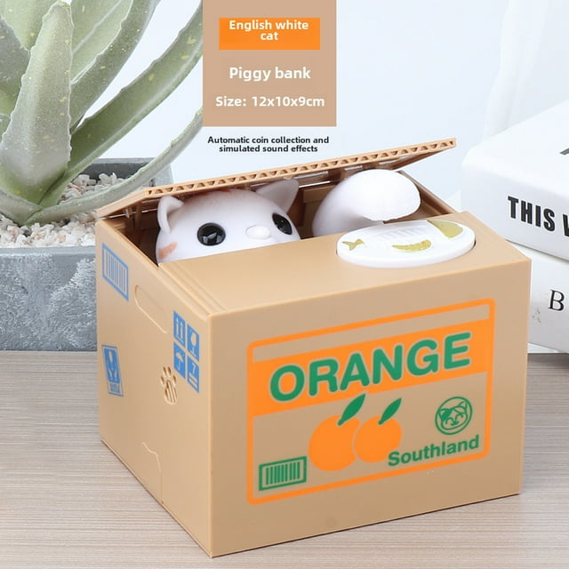 Banque d'Argent Électrique Amusante avec Chat Blanc : Tirelire Interactive pour Enfants avec Effets Lumineux et Sonores, Jouet de Rangement de Pièces en Plastique-Résine Durable, Design Unique de Dessin Animé pour Anniversaires, Fêtes et Cadeaux de Voyage