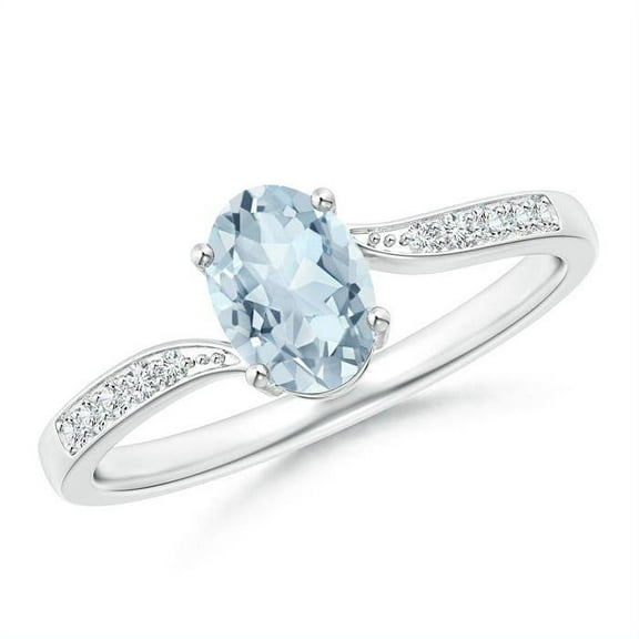 ANGARA Natural Solitaire Oval Aquamarine Bypass Ring with Pave Diamonds in 14K White Gold for Women (Size-7x5mm) | March Birthstone, Anniversary, Jewelry Gift for Women | Natural Aquamarine Ring