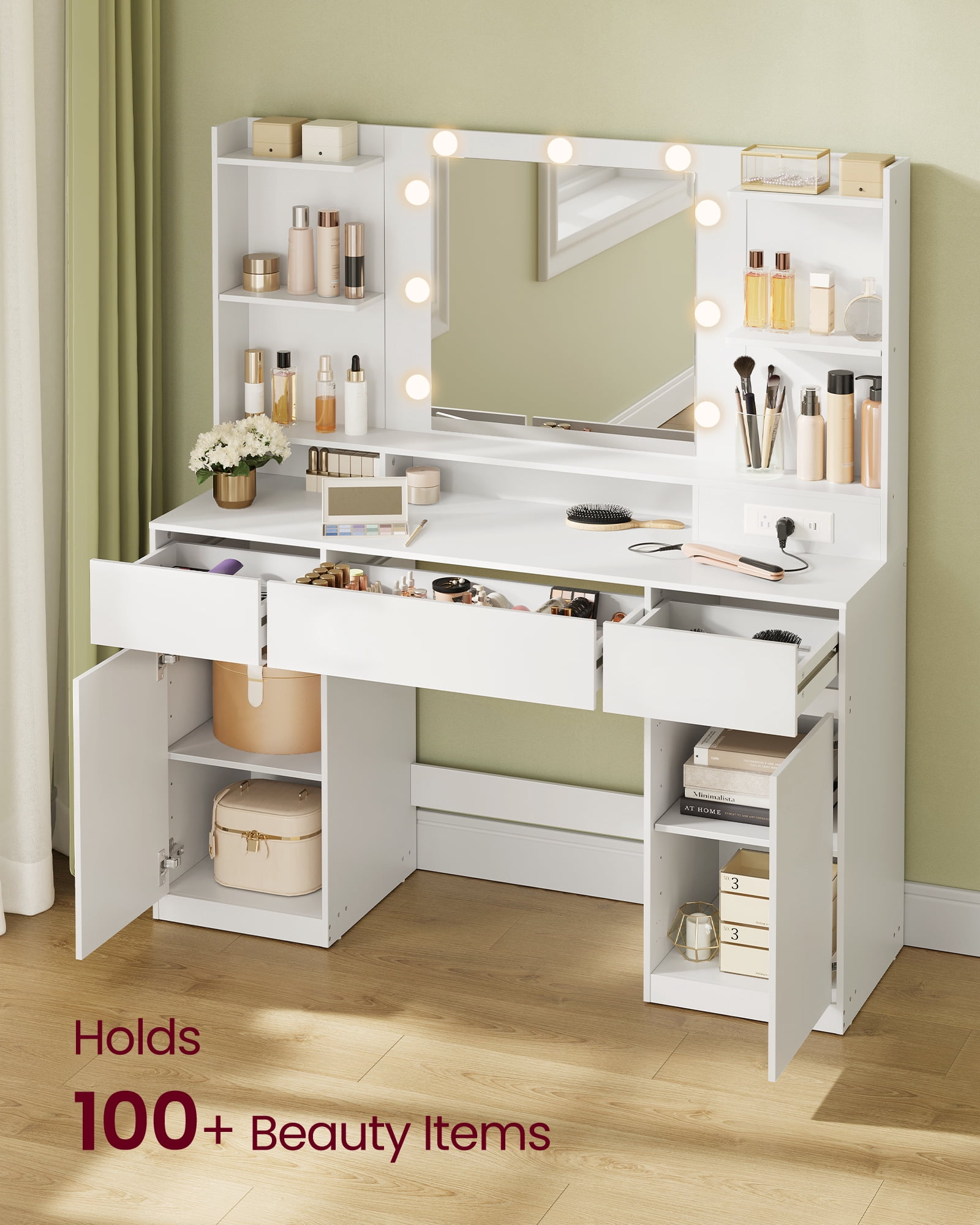 VASAGLE Kailyn Collection - Vanity Desk with Mirror and 9 LED Bulbs, Vanity Makeup Table with Power Outlets, Dressing Table with 2 Cabinets, for Bedroom, Cloud White