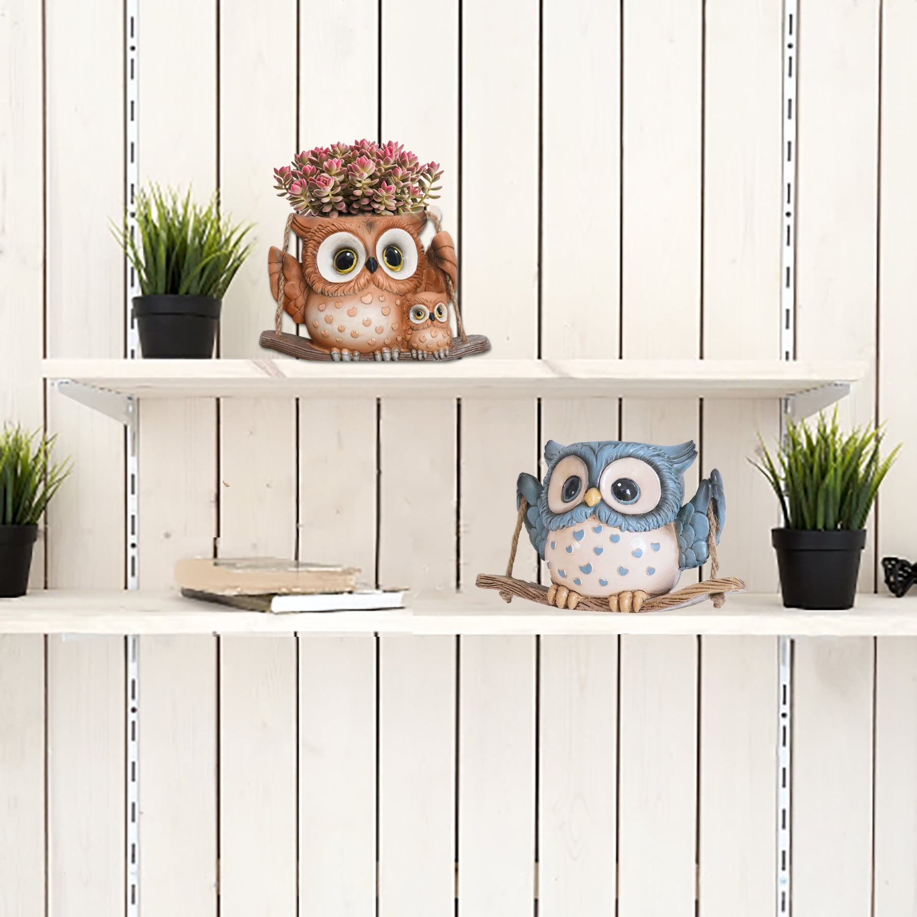 Quoowiit Small Swing Owl Planter Pot,Hanging Planters for Indoor Outdoor Plants with Drainage Holes