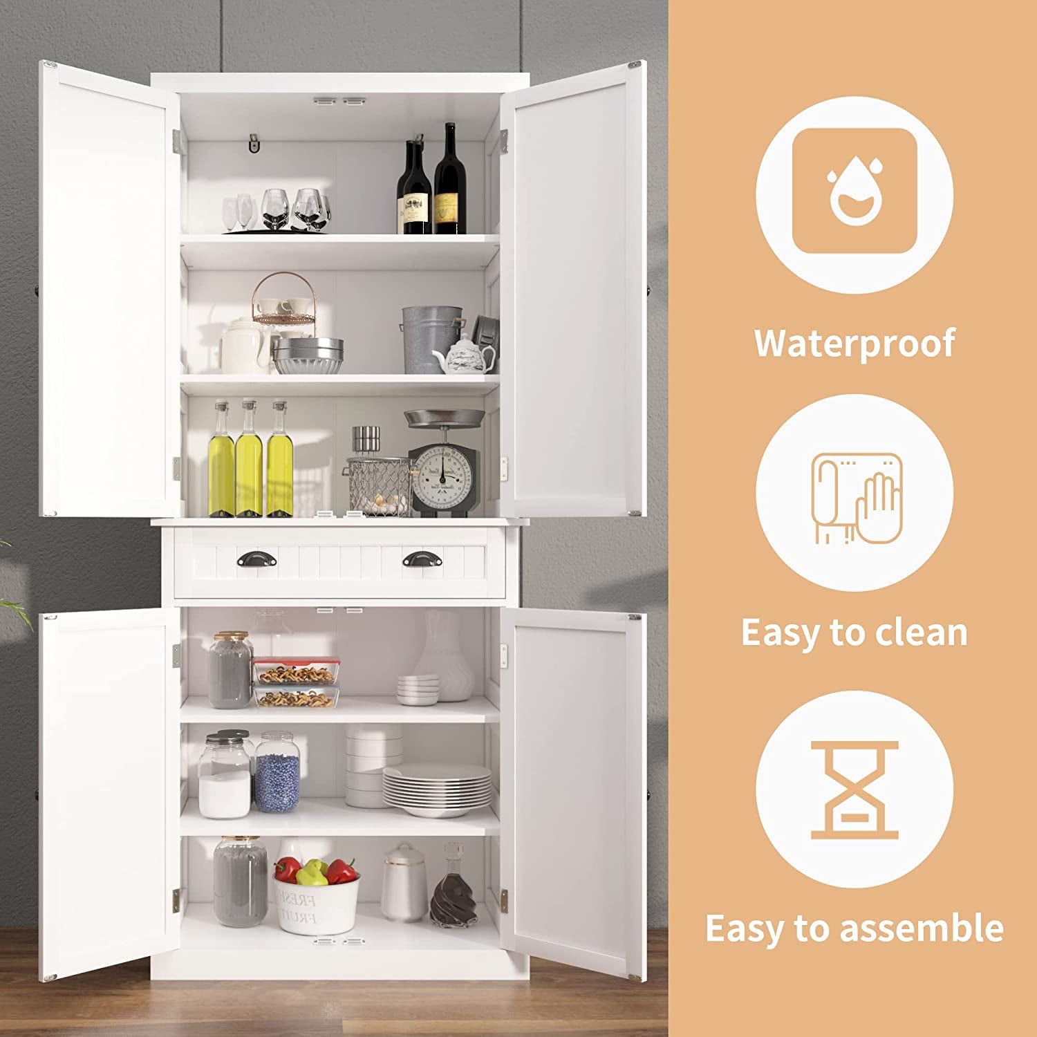 HLR 72 inches Kitchen Pantry Storage Cabinet Pantry Cabinets with Drawer and Adjustable Shelves Kitchen Pantry for Bathroom Livingroom Dining