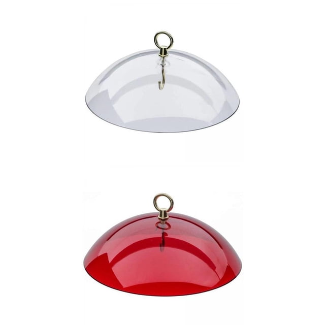 2 uds comedero para pájaros colgante cubierta protectora escudo cúpula protectora cubierta de lluvia — dos cúpulas colgantes (transparente y roja) en vista frontal centrada con anilla y gancho metálico; plástico + metal semirrígido, tamaño aprox. 26x26x8 cm, diseñadas para proteger y colgar en comederos de tubo o colibrí; también suelen usarse para mantener pequeños comederos secos durante el transporte.