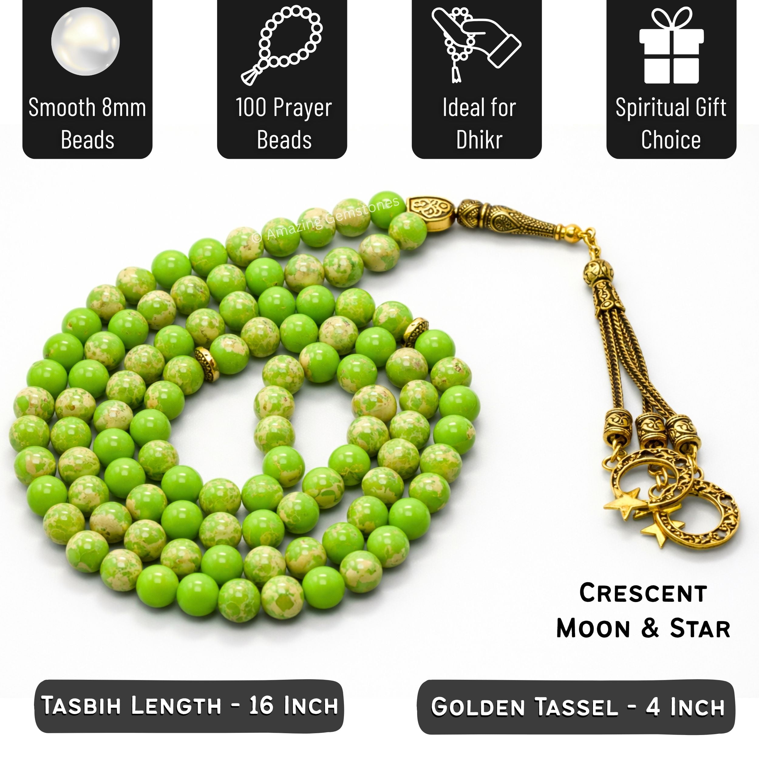 Green Turquoise Crystal Tasbeeh Prayer Beads, Muslim Islamic Tasbih for Dhikr, Namaz and Ramadan Gift (Golden)
