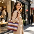 thumbnail image 4 of Bolsa de paja de rayas onduladas con asas dobles de cuero, bolso de hombro tejido ligero para playa, vacaciones, exteriores, uso casual, multicolor, 4 of 6