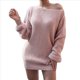 thumbnail image 3 of Vestido Tipo Jersey de Larga con Hombros Descubiertos y Farol para Mujer, de Otoño, Holgado, de Punto Acanalado, Liso Rosa XL, 3 of 10